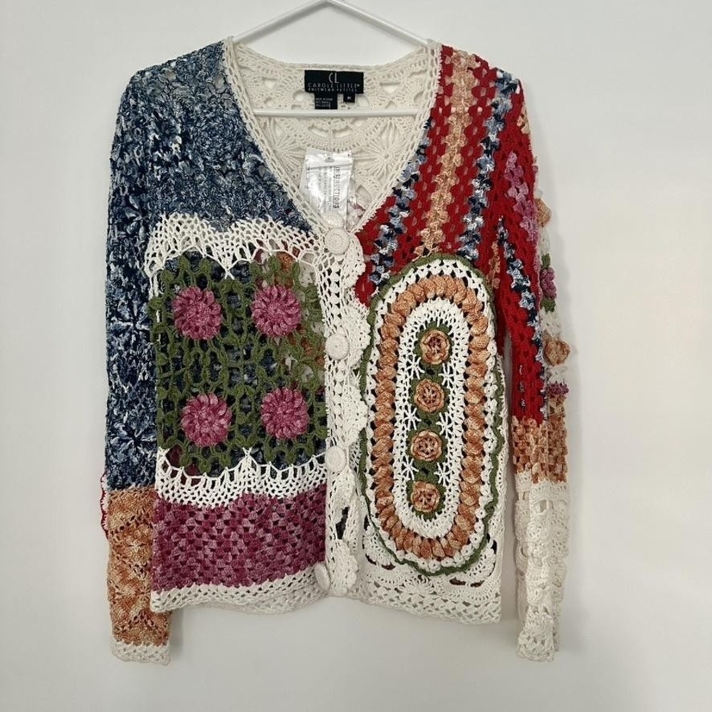 Carole Little‎ Sweater Womens Medium Patchwork Crochet Knit Boho Floral Cardigan